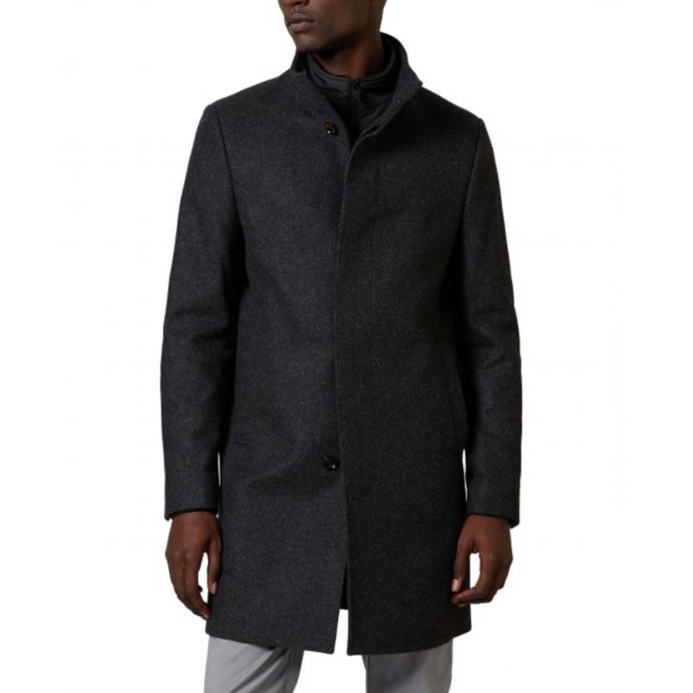 Ted Baker Margate Funnel Neck Coat Wool Blend w/ Removable Inset Bib in Charcoal